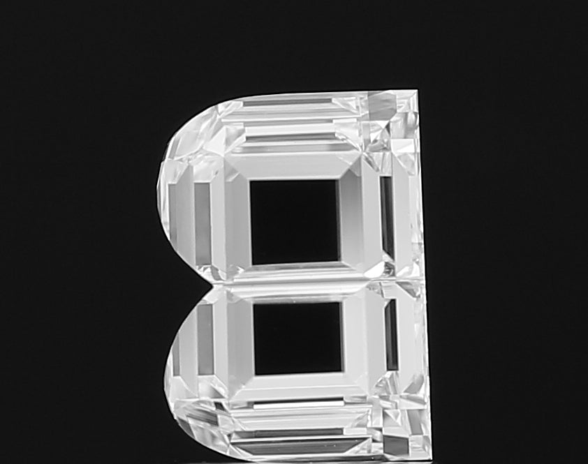 Macro shot highlighting the incredible fire and sparkle of a premium lab grown Alphabet B shape cut diamond, with precisely cut facets.