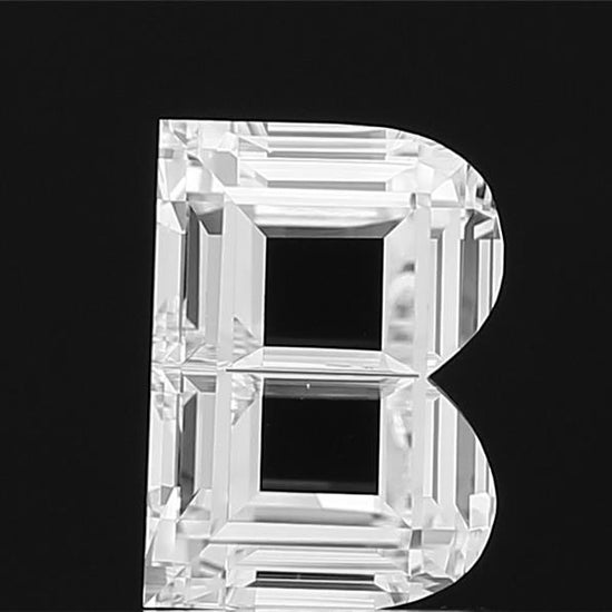 360-degree video showcase of a loose lab grown Alphabet B shape cut diamond, revealing its intricate design, full dimensions, and mesmerizing sparkle from every angle.